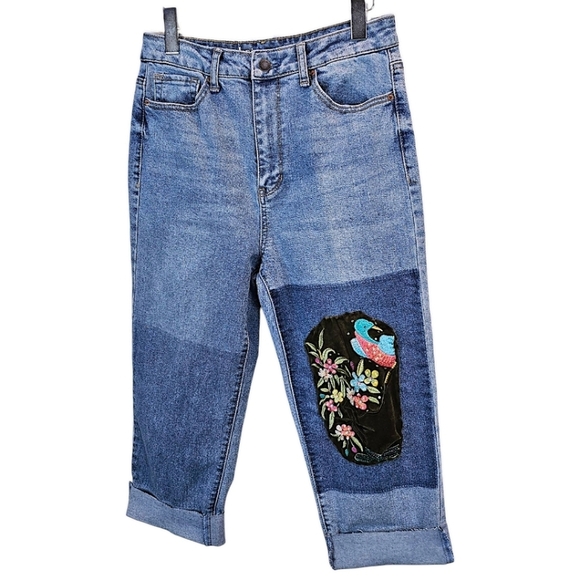 Hippie Denim Boho Embroidered Patchwork Slim Straight Jeans 31 Cropped Unique - Picture 4 of 13